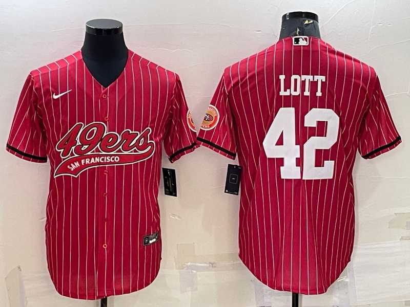 Mens San Francisco 49ers #42 Ronnie Lott Red Pinstripe With Patch Cool Base Stitched Baseball Jersey